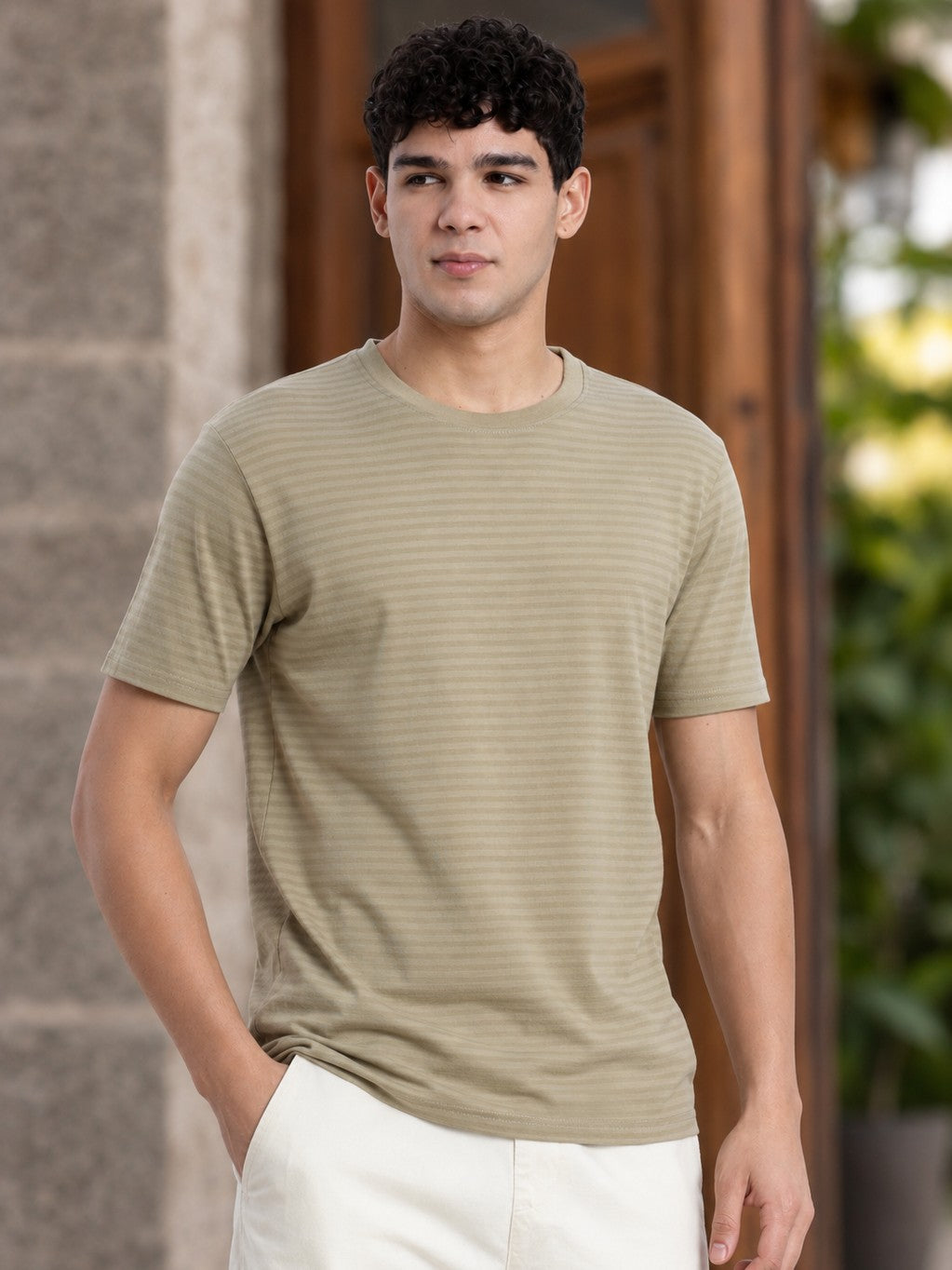 Beige Striped Regular Fit T-Shirt for Men - Image 1