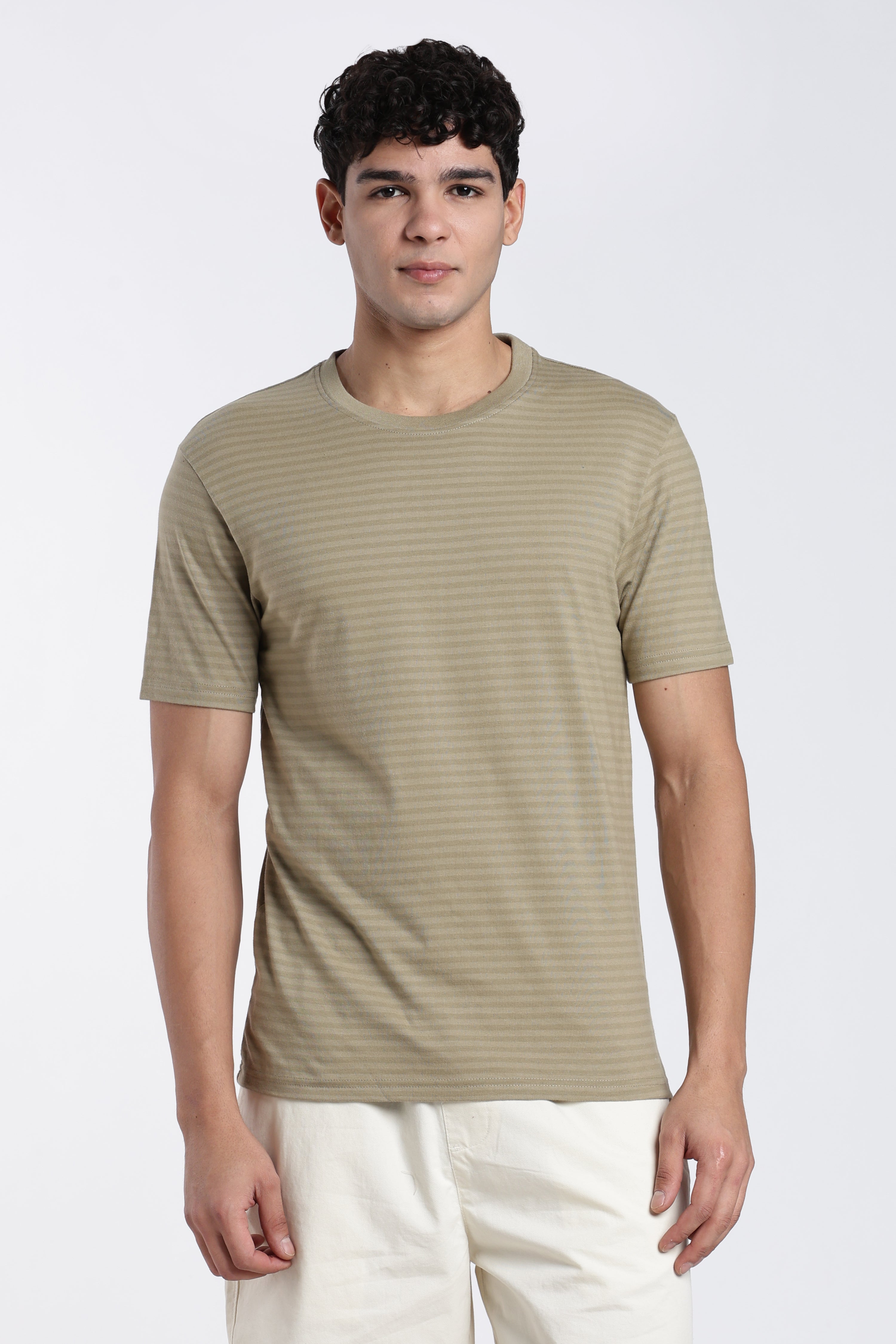 Beige Striped Regular Fit T-Shirt for Men - Image 2