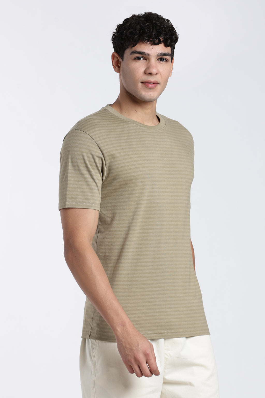Beige Striped Regular Fit T-Shirt for Men - Image 4