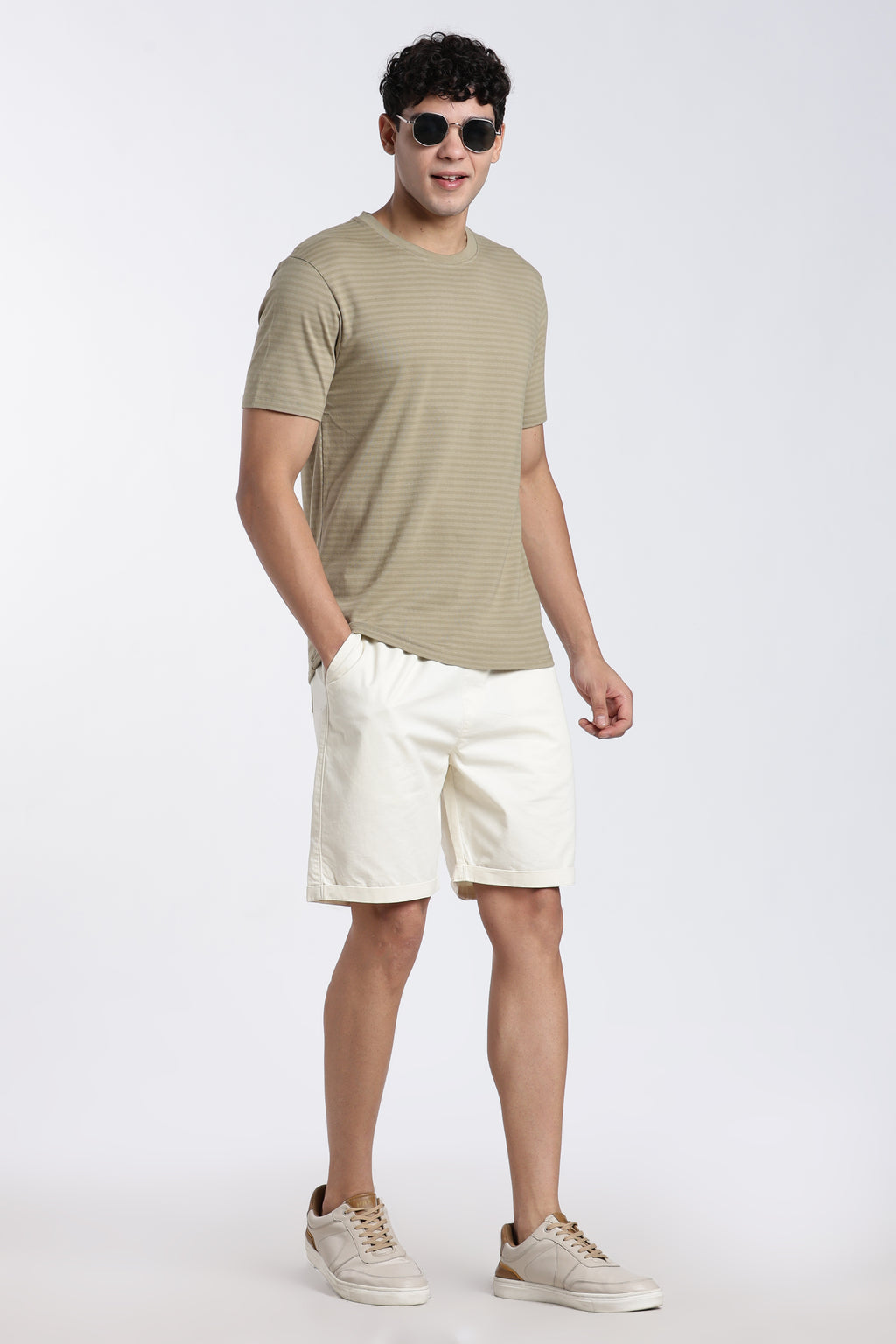 Beige Striped Regular Fit T-Shirt for Men - Image 6