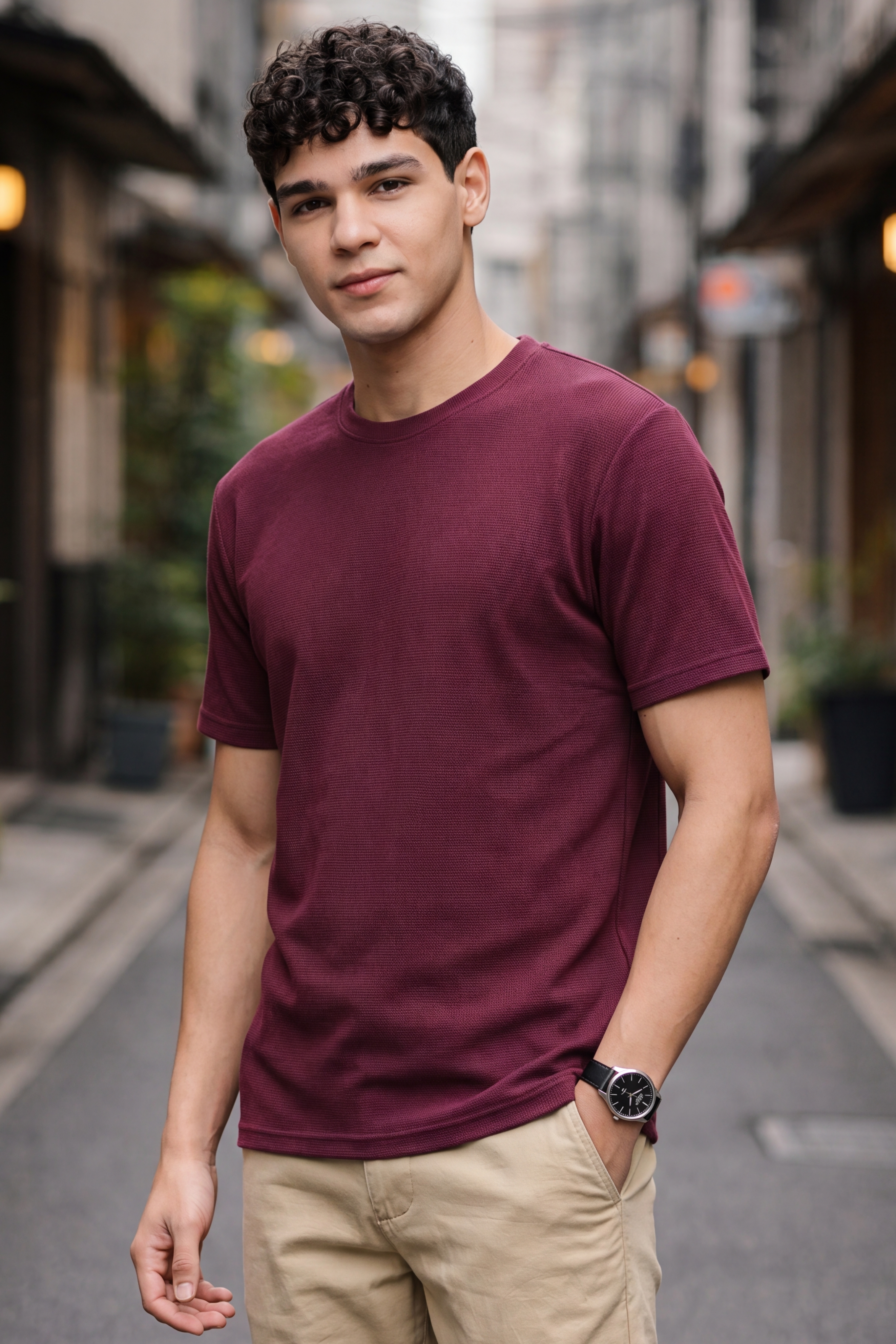 Wine Textured Regular Fit T-Shirt for Men - Image 1