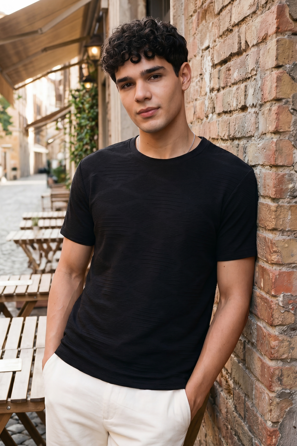 Black Textured Regular Fit T-Shirt for Men - Image 1