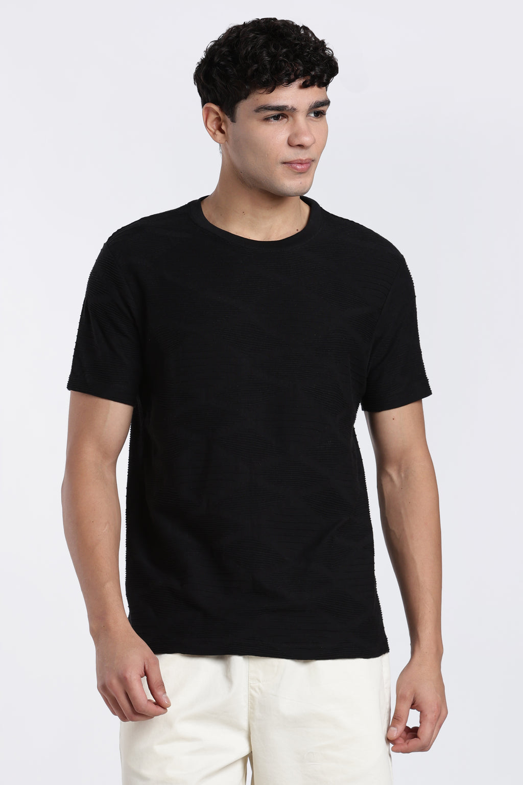 Black Textured Regular Fit T-Shirt for Men - Image 2
