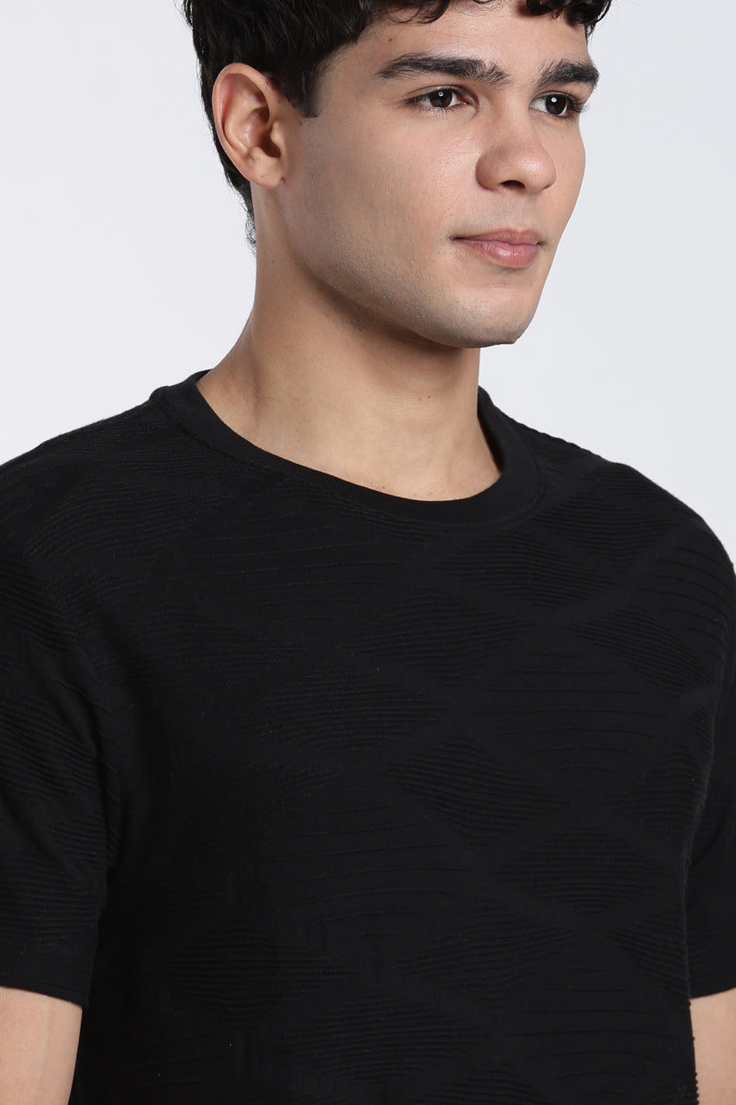 Black Textured Regular Fit T-Shirt for Men - Image 3