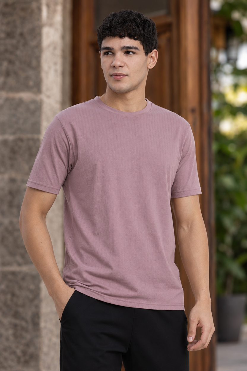 Mauve Textured Regular Fit T-Shirt For Men - Image 1