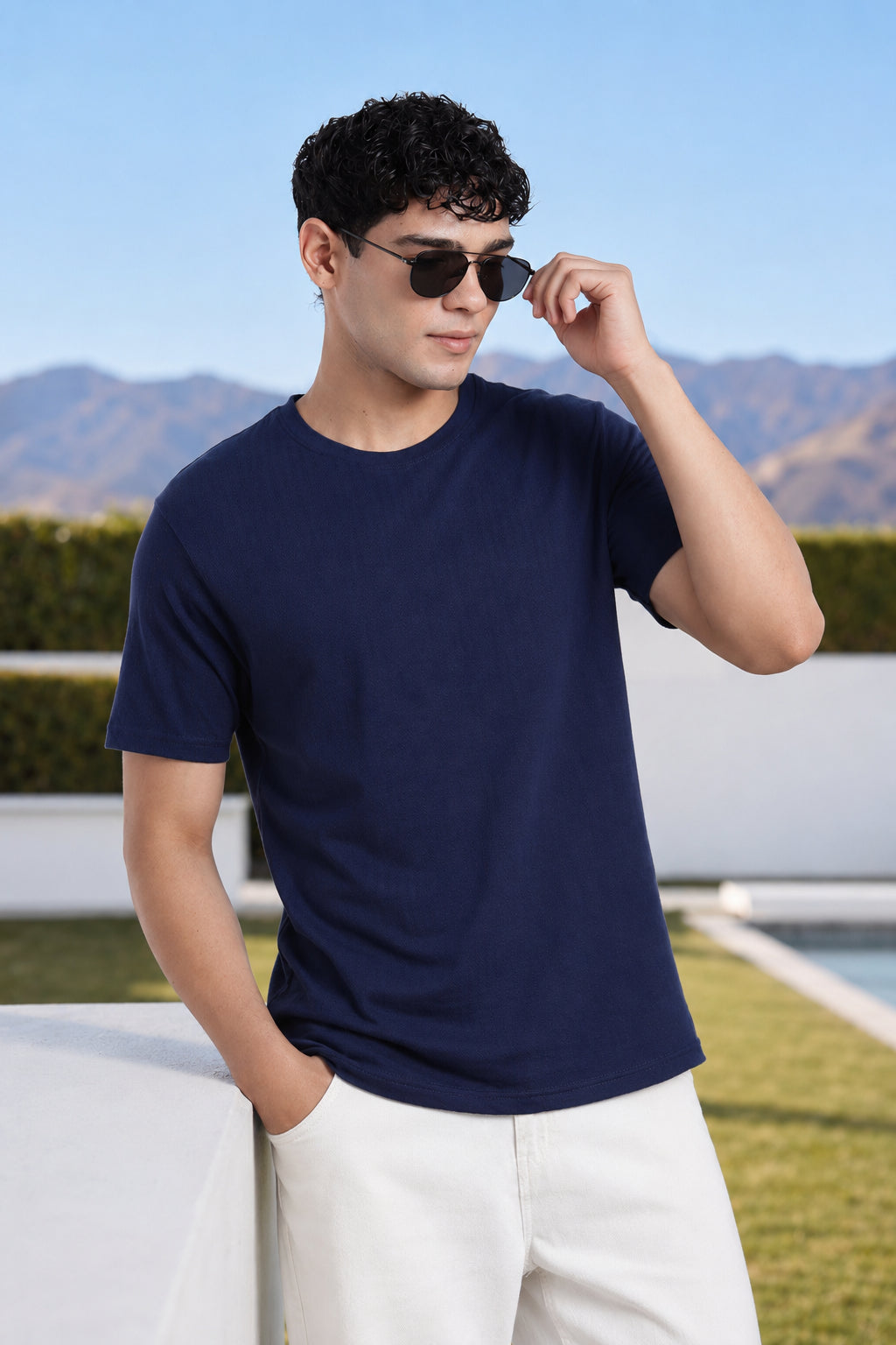 Navy Textured Regular Fit T-Shirt for Men - Image 1