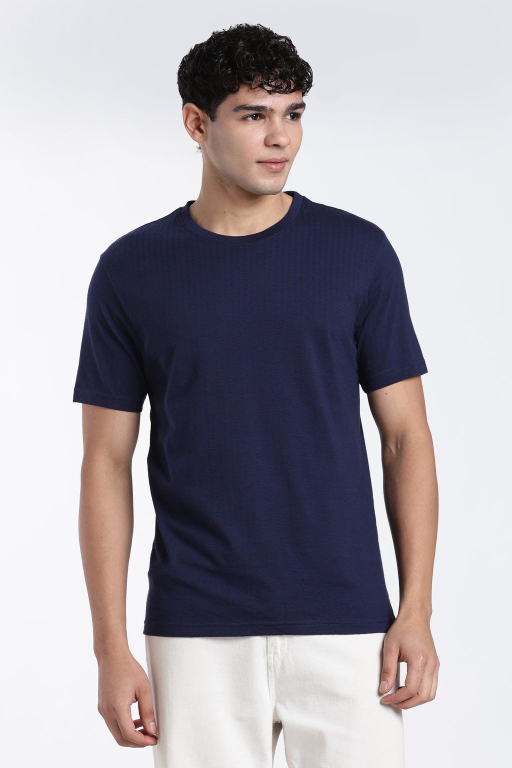 Navy Textured Regular Fit T-Shirt for Men - Image 2
