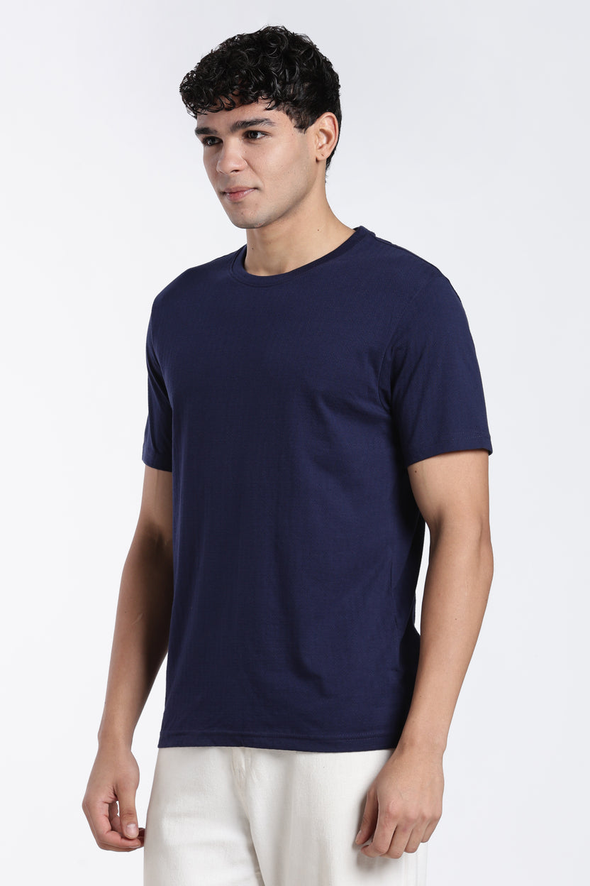 Navy Textured Regular Fit T-Shirt For Men - Image 4