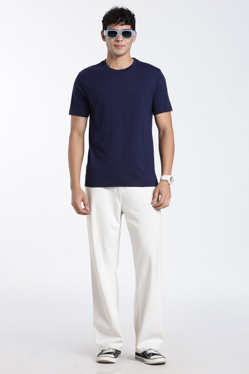Navy Textured Regular Fit T-Shirt For Men - Image 6