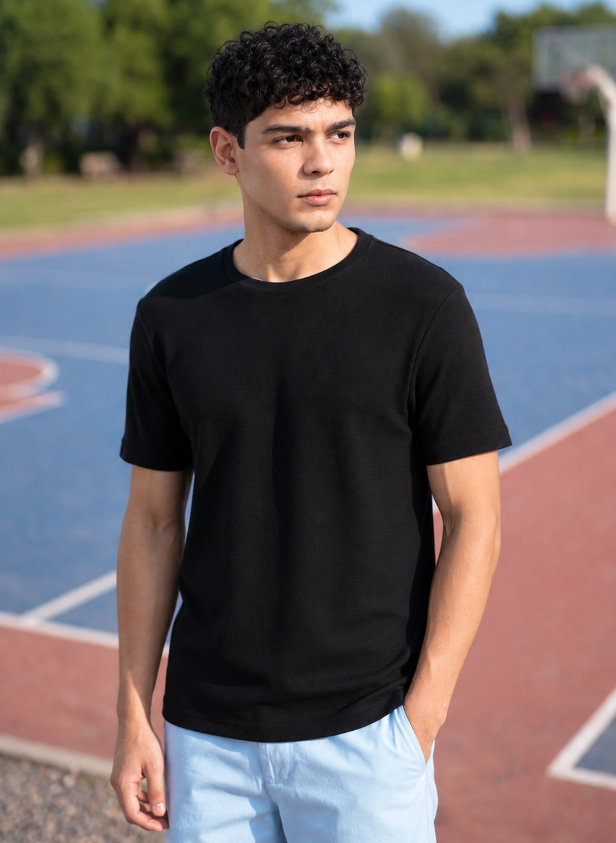 Black Textured Regular Fit T-Shirt for Men - Image 1