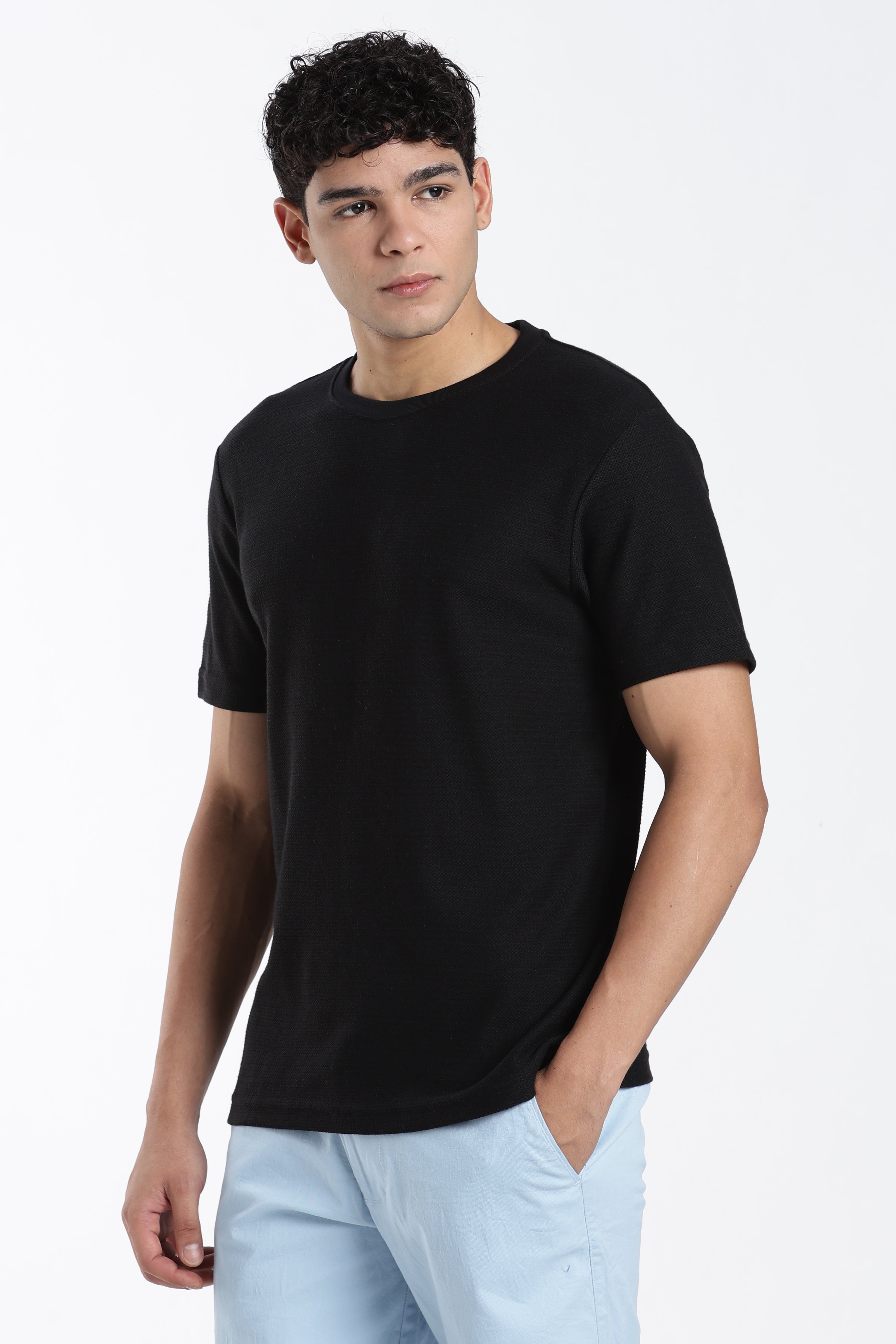 Black Textured Regular Fit T-Shirt for Men - Image 4