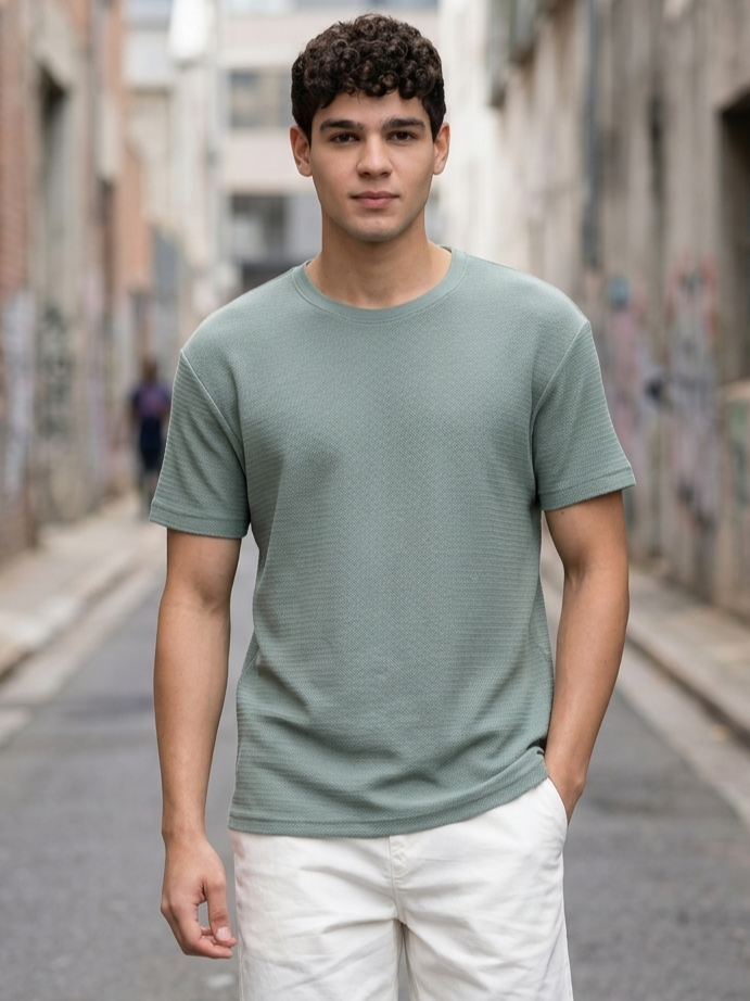 Green Textured Regular Fit T-Shirt For Men - Image 1