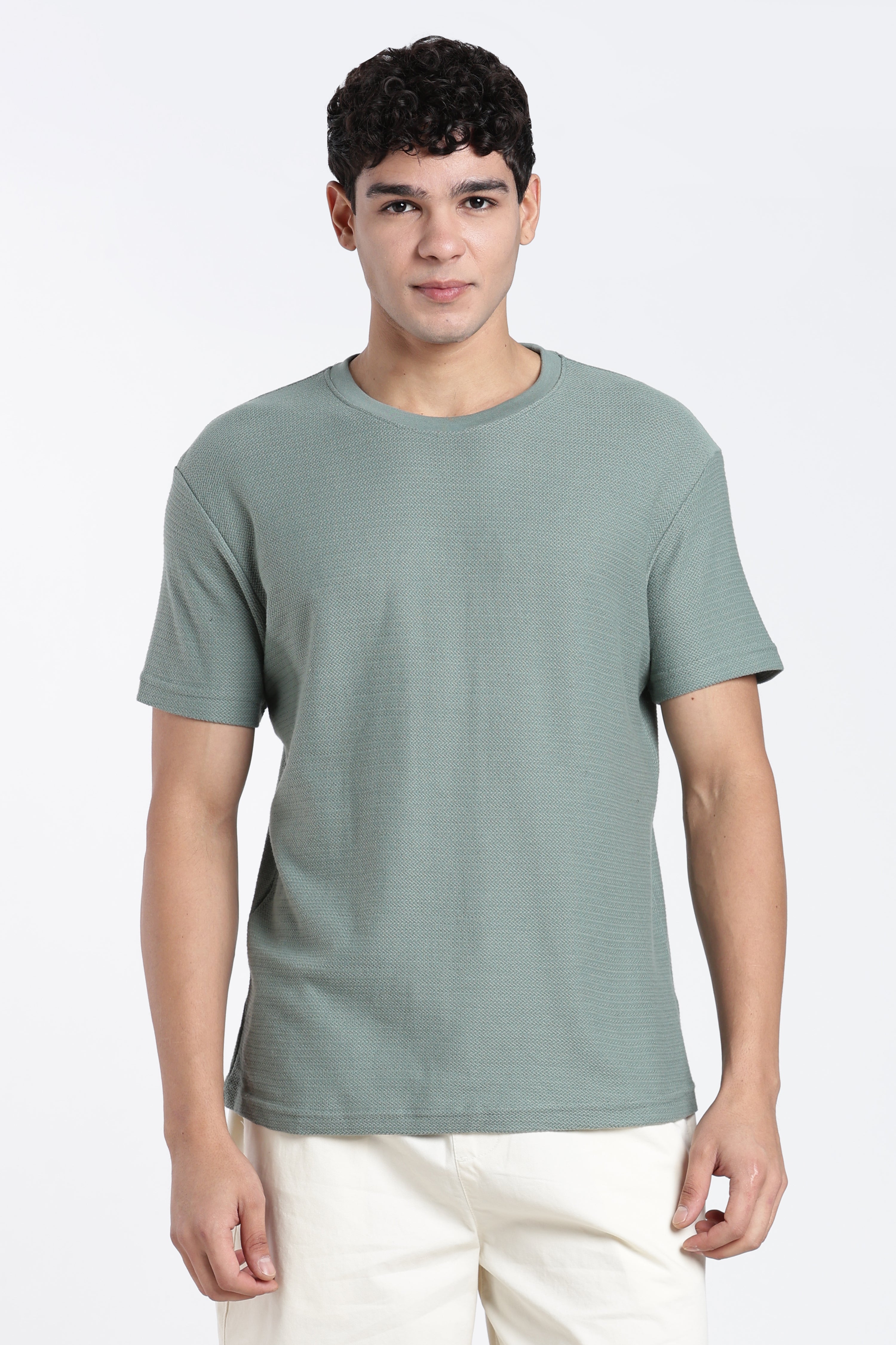 Green Textured Regular Fit T-Shirt for Men - Image 2