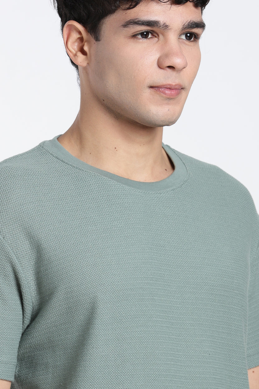 Green Textured Regular Fit T-Shirt For Men - Image 3