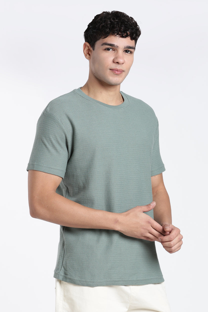 Green Textured Regular Fit T-Shirt For Men - Image 4