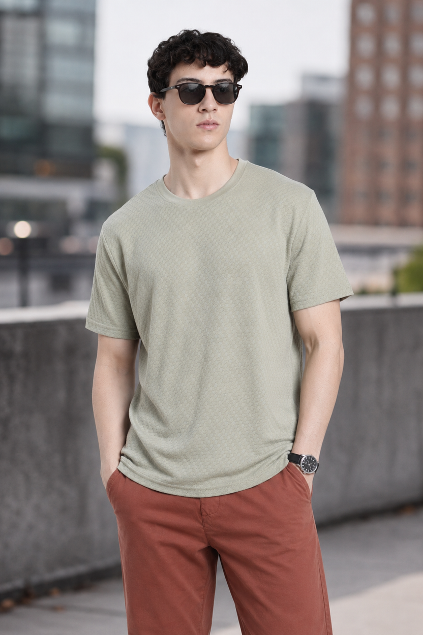 Cream Textured Regular Fit T-Shirt For Men - Image 1