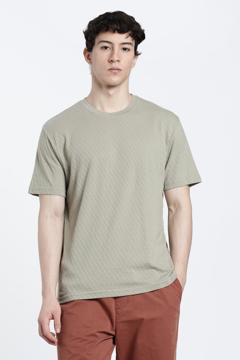Cream Textured Regular Fit T-Shirt For Men - Image 2