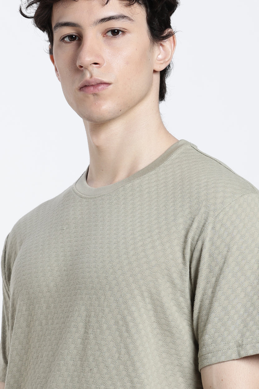 Cream Textured Regular Fit T-Shirt For Men - Image 3