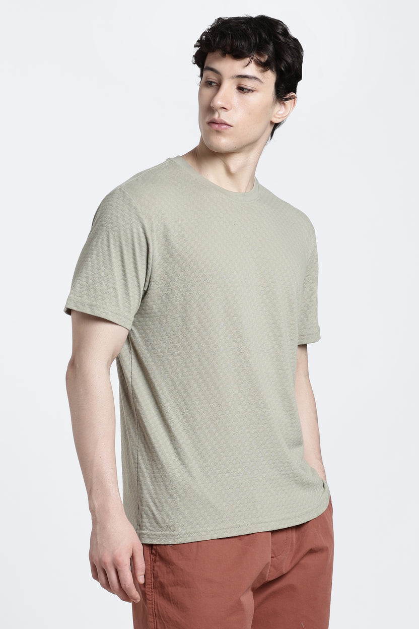 Cream Textured Regular Fit T-Shirt For Men - Image 4