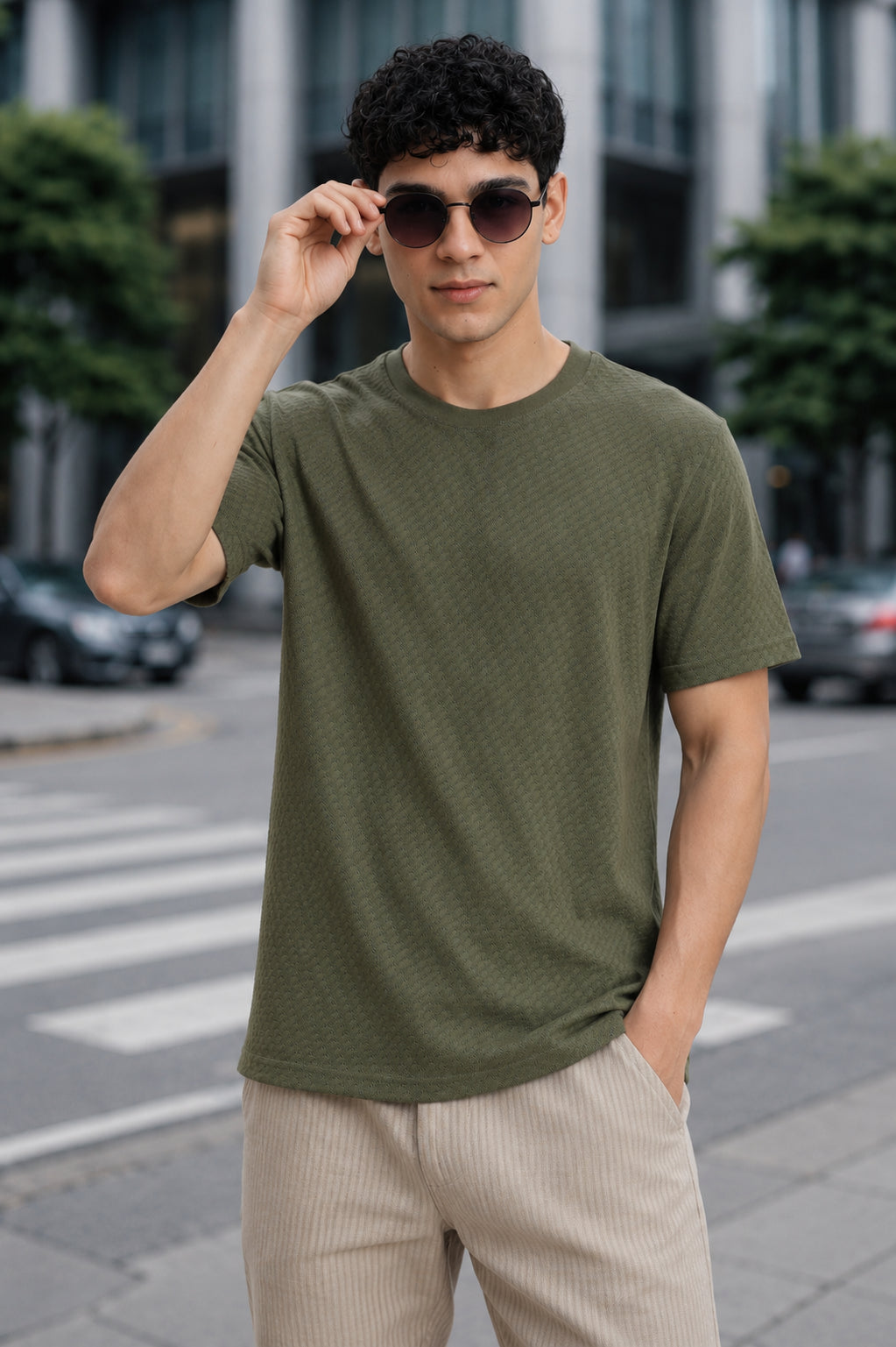 Olive Textured Regular Fit T-Shirt for Men - Image 1