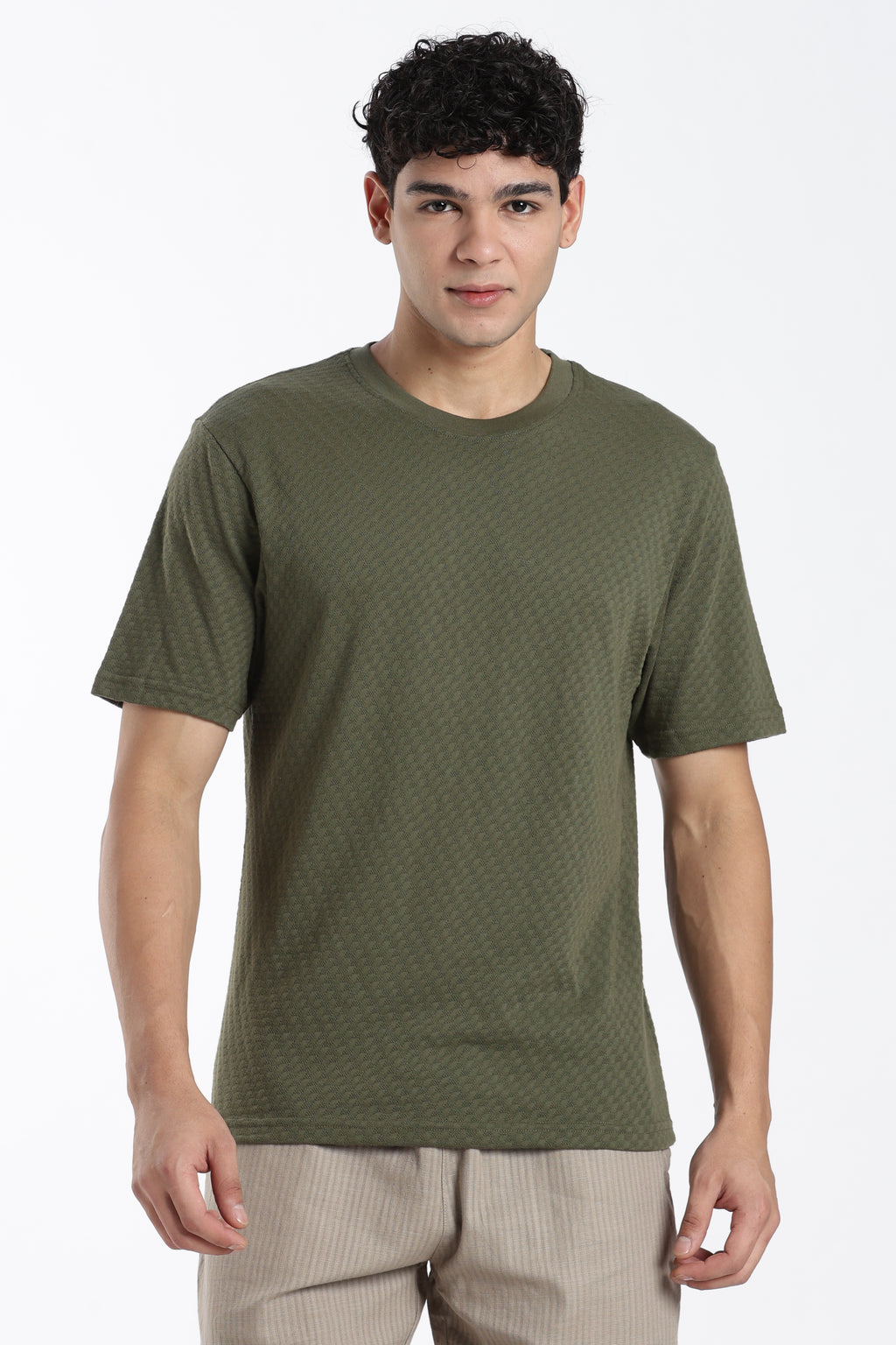 Olive Textured Regular Fit T-Shirt for Men - Image 2
