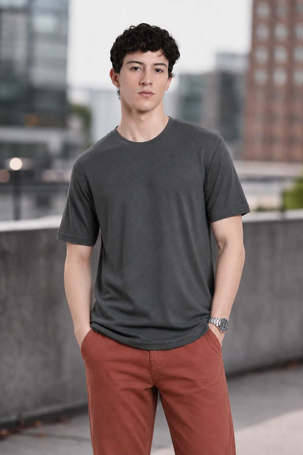 Grey Textured Regular Fit T-Shirt for Men - Image 1