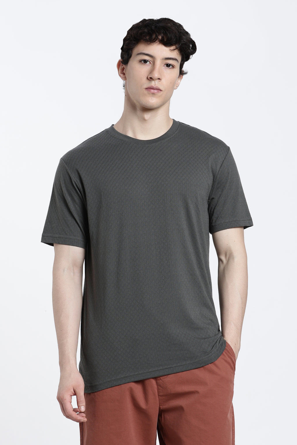 Grey Textured Regular Fit T-Shirt for Men - Image 2