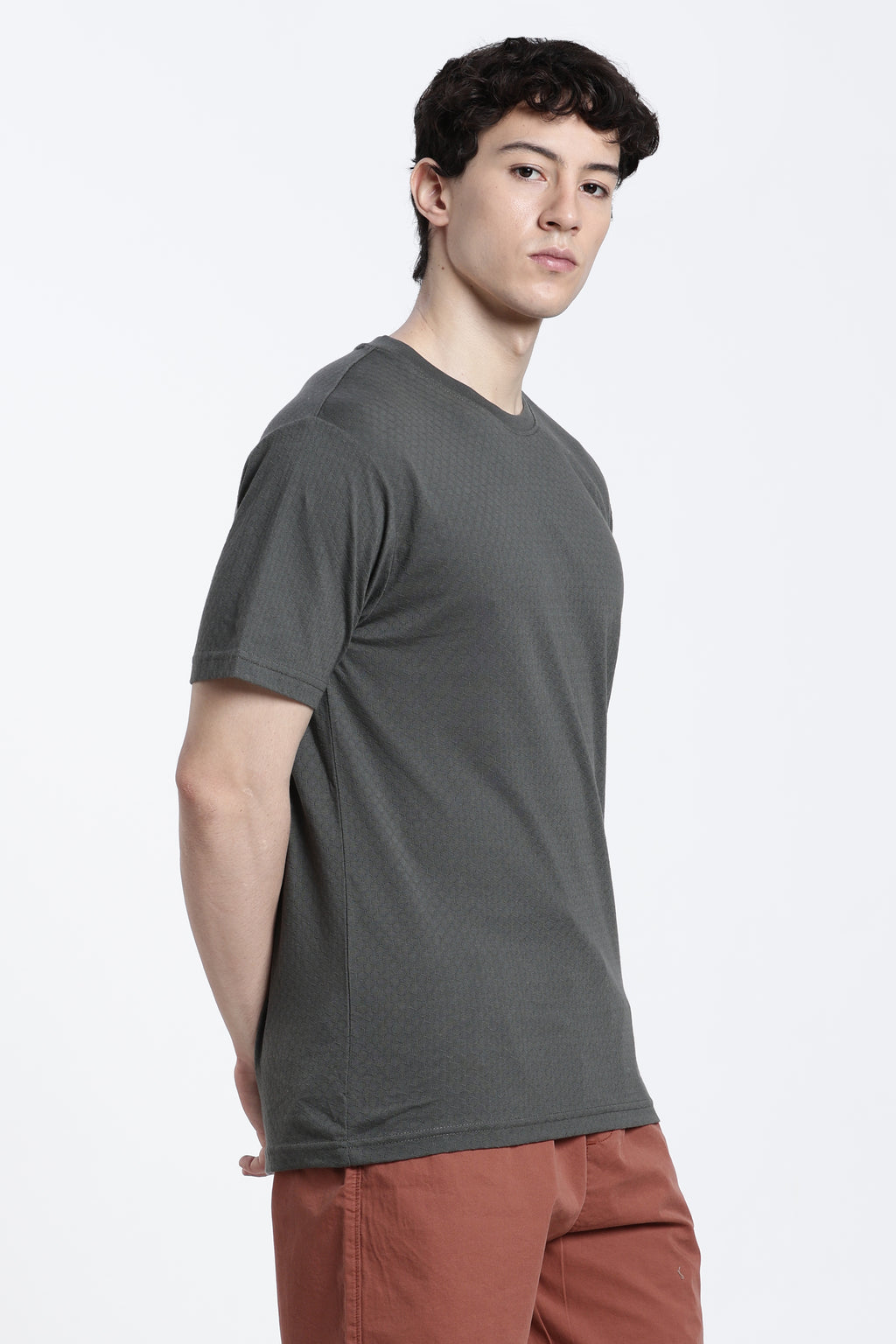 Grey Textured Regular Fit T-Shirt for Men - Image 4