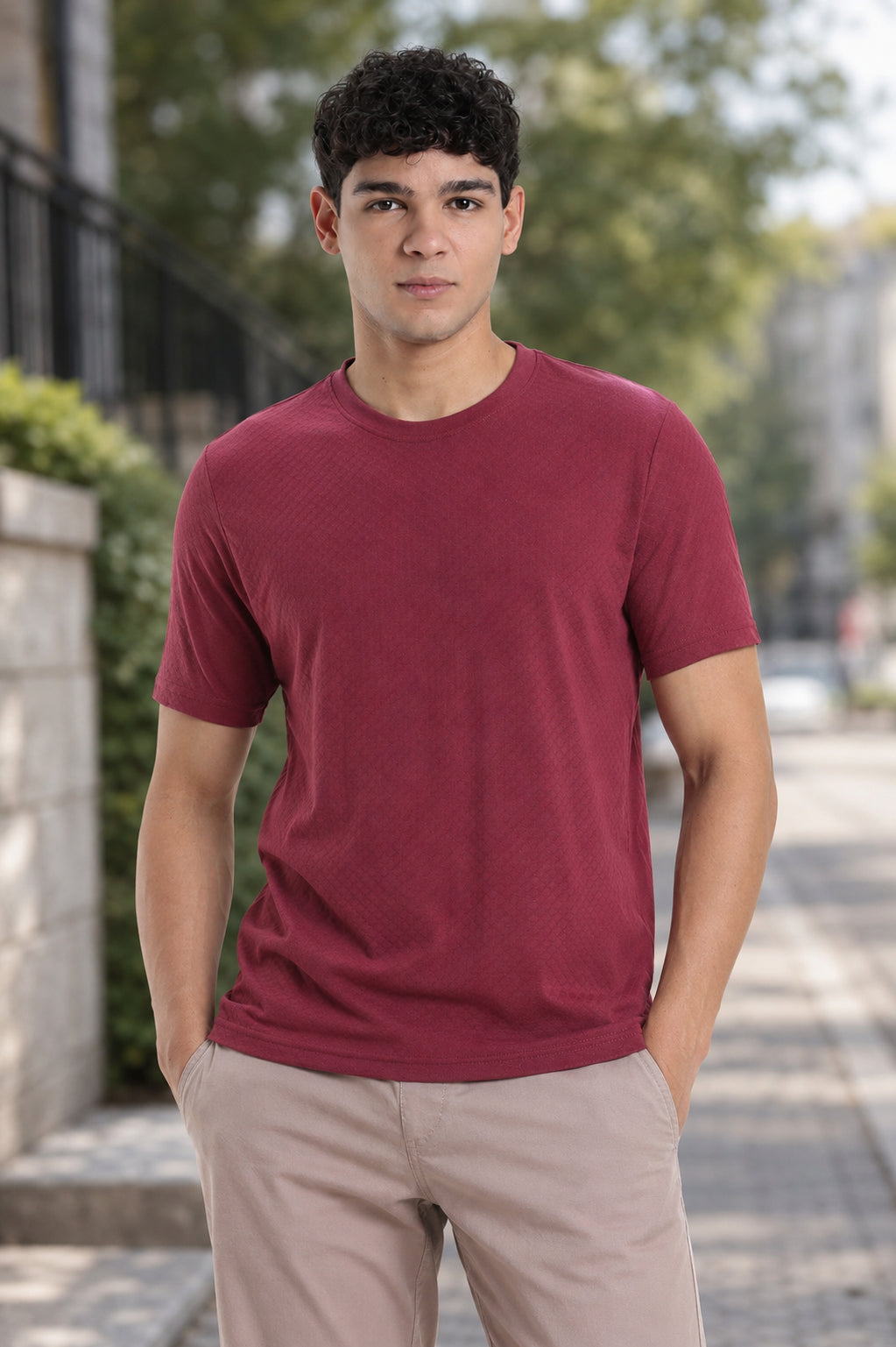 Pink Textured Regular Fit T-Shirt for Men - Image 1
