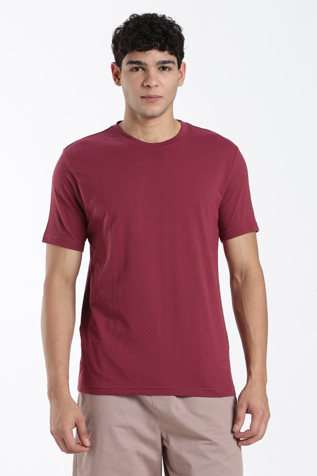 Pink Textured Regular Fit T-Shirt for Men - Image 2