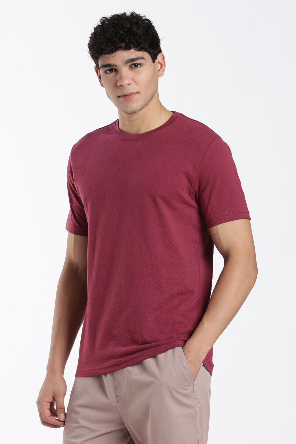 Pink Textured Regular Fit T-Shirt for Men - Image 4