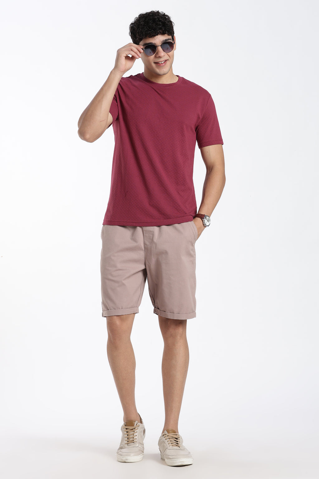 Pink Textured Regular Fit T-Shirt for Men - Image 6