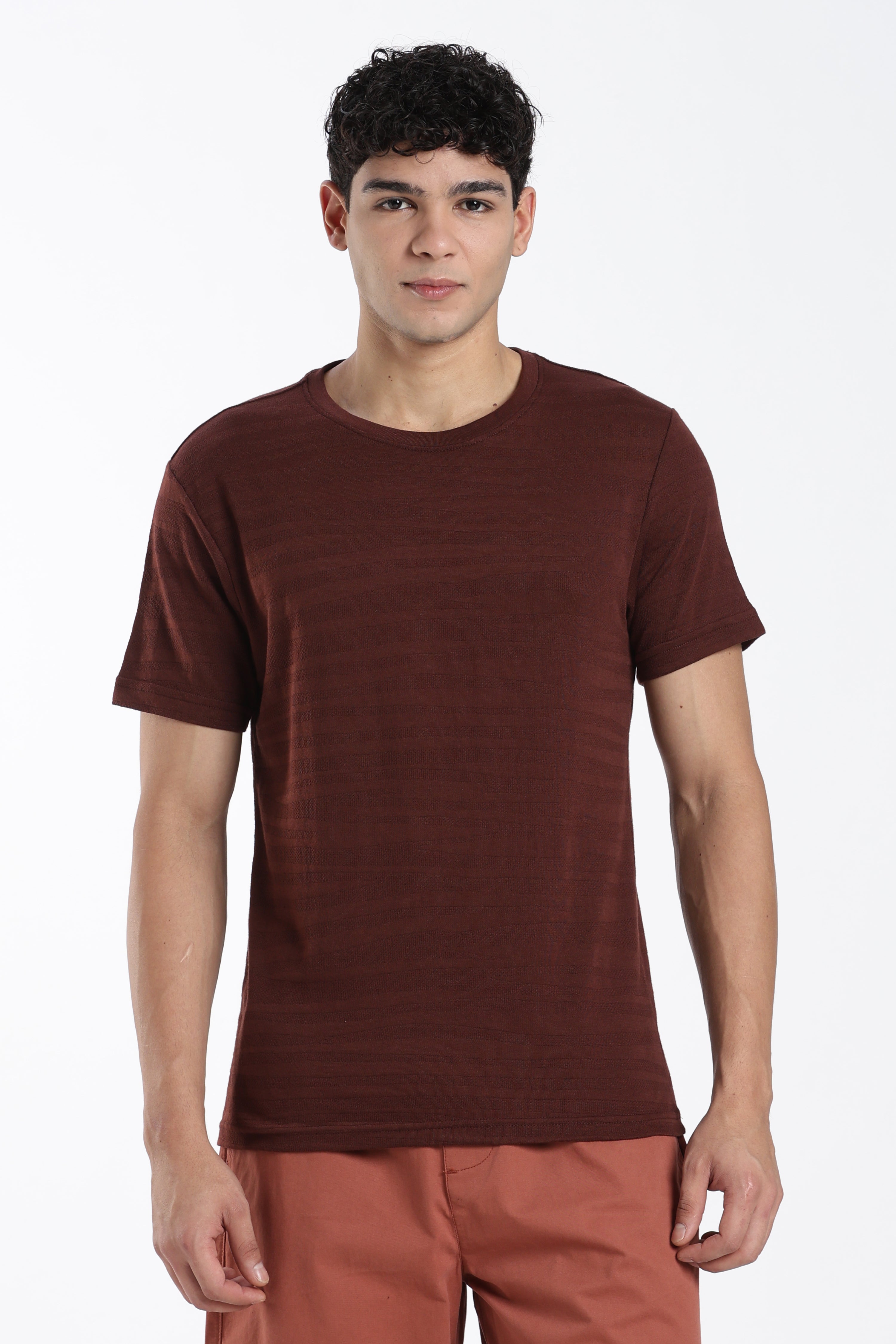 Brown Textured Regular Fit T-Shirt for Men - Image 2
