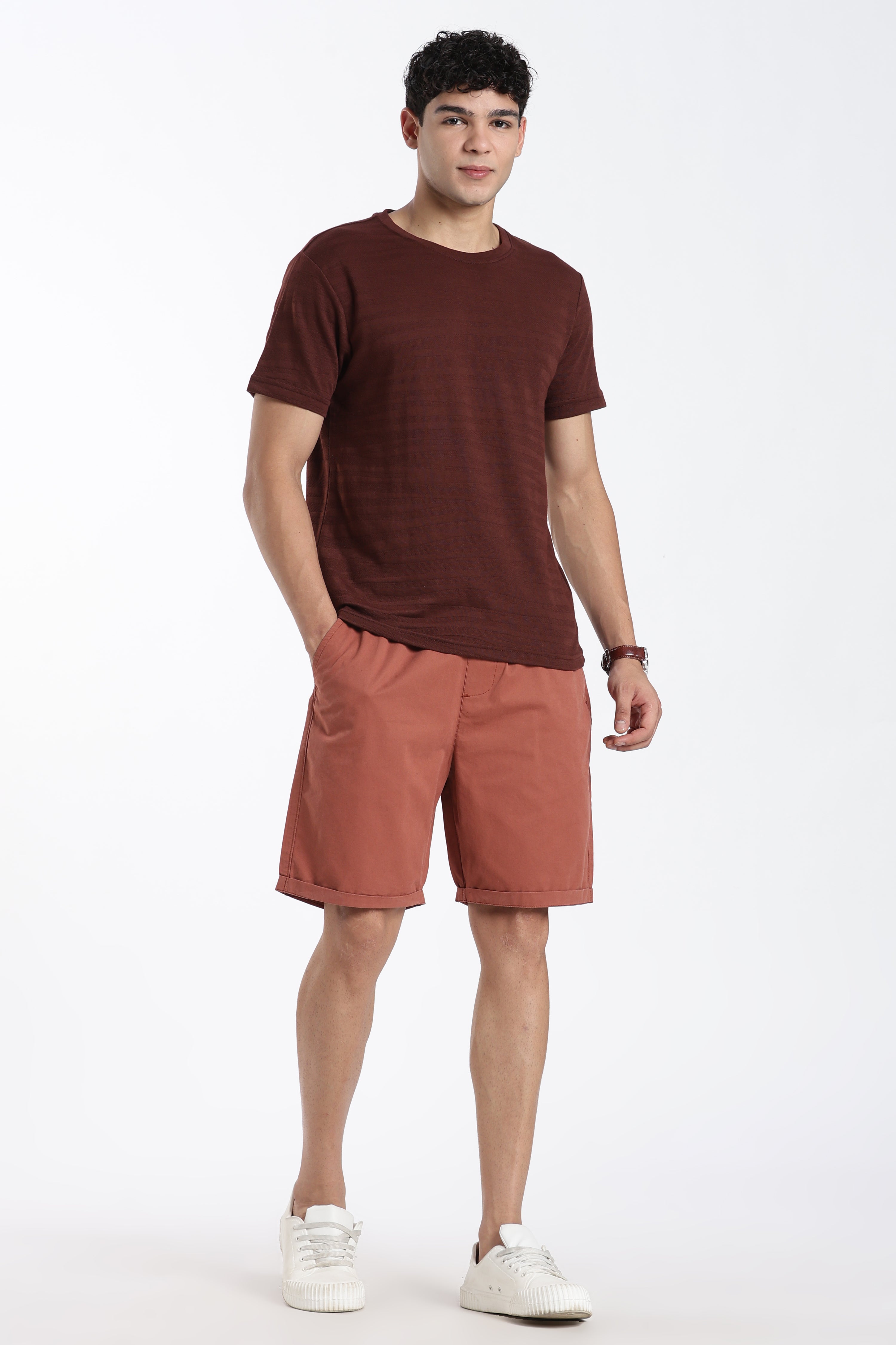 Brown Textured Regular Fit T-Shirt for Men - Image 6