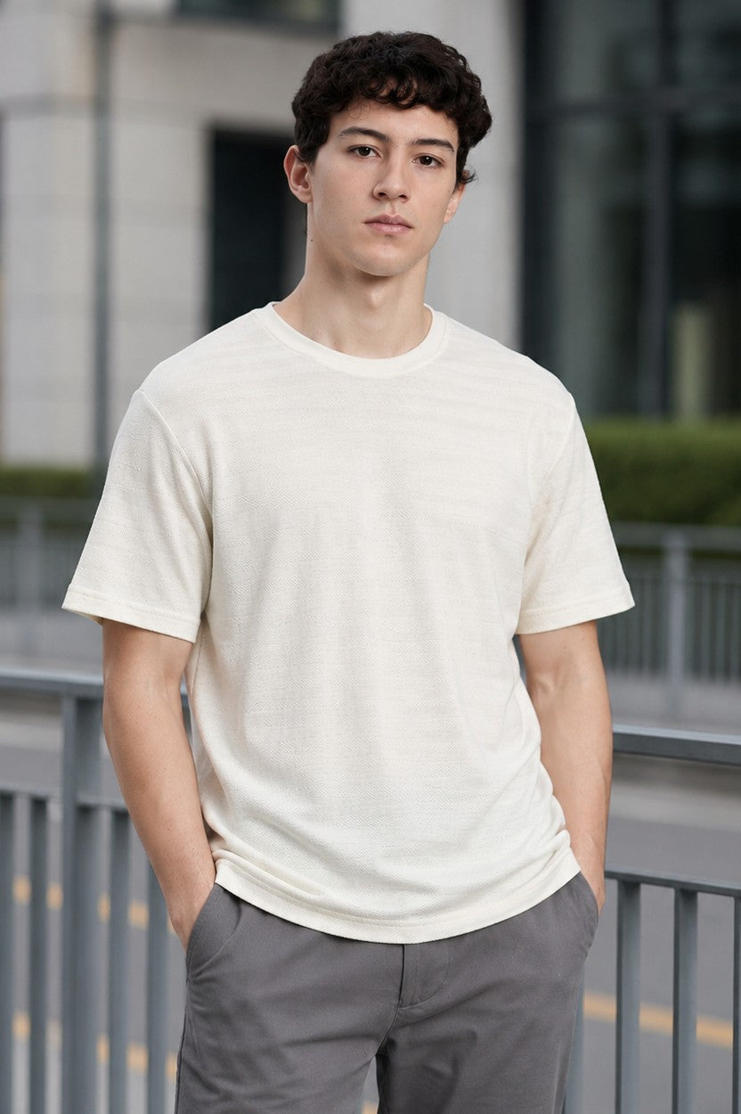 Off White Textured Regular Fit T-Shirt for Men - Image 1