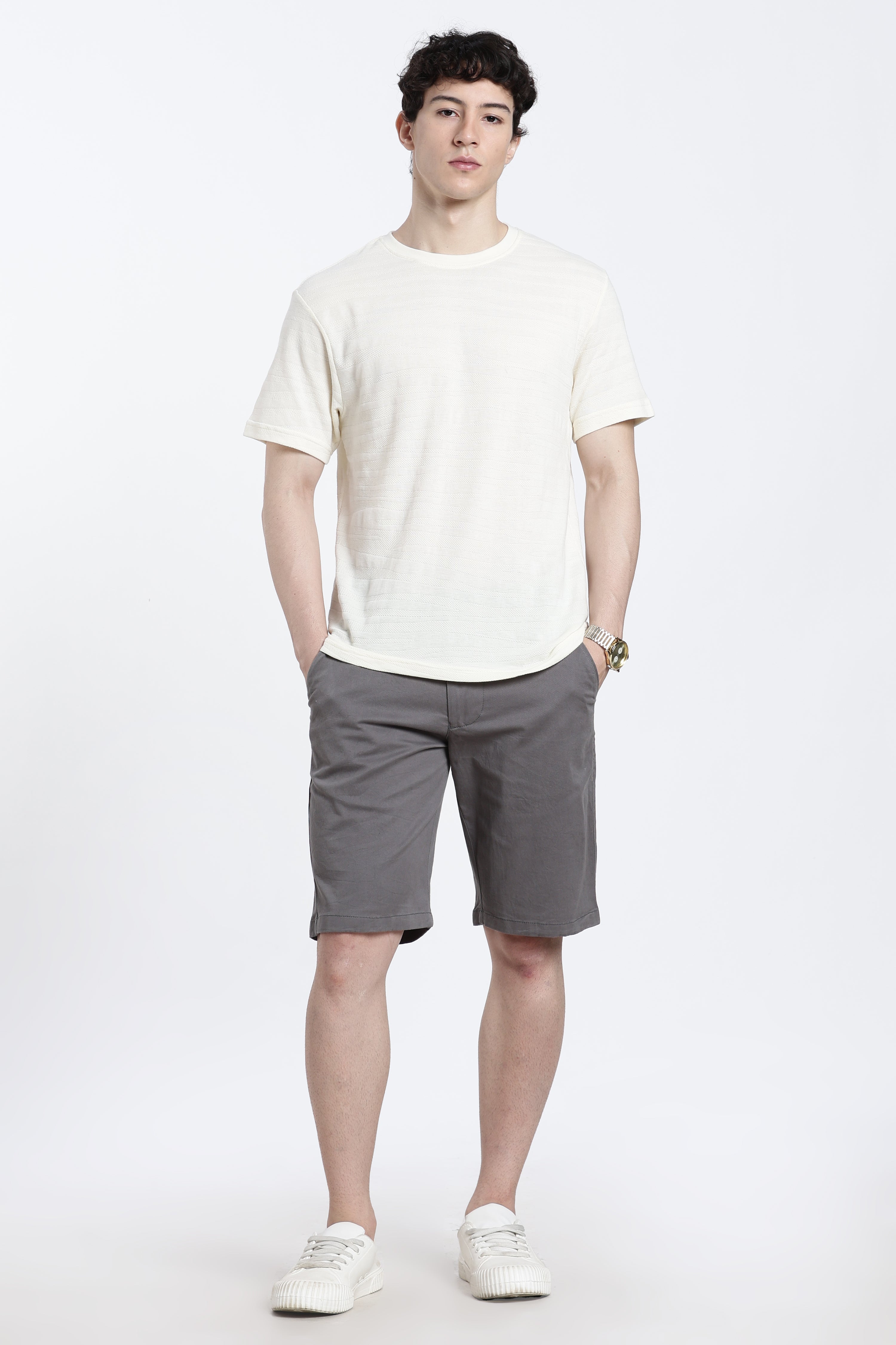 Off White Textured Regular Fit T-Shirt for Men - Image 6