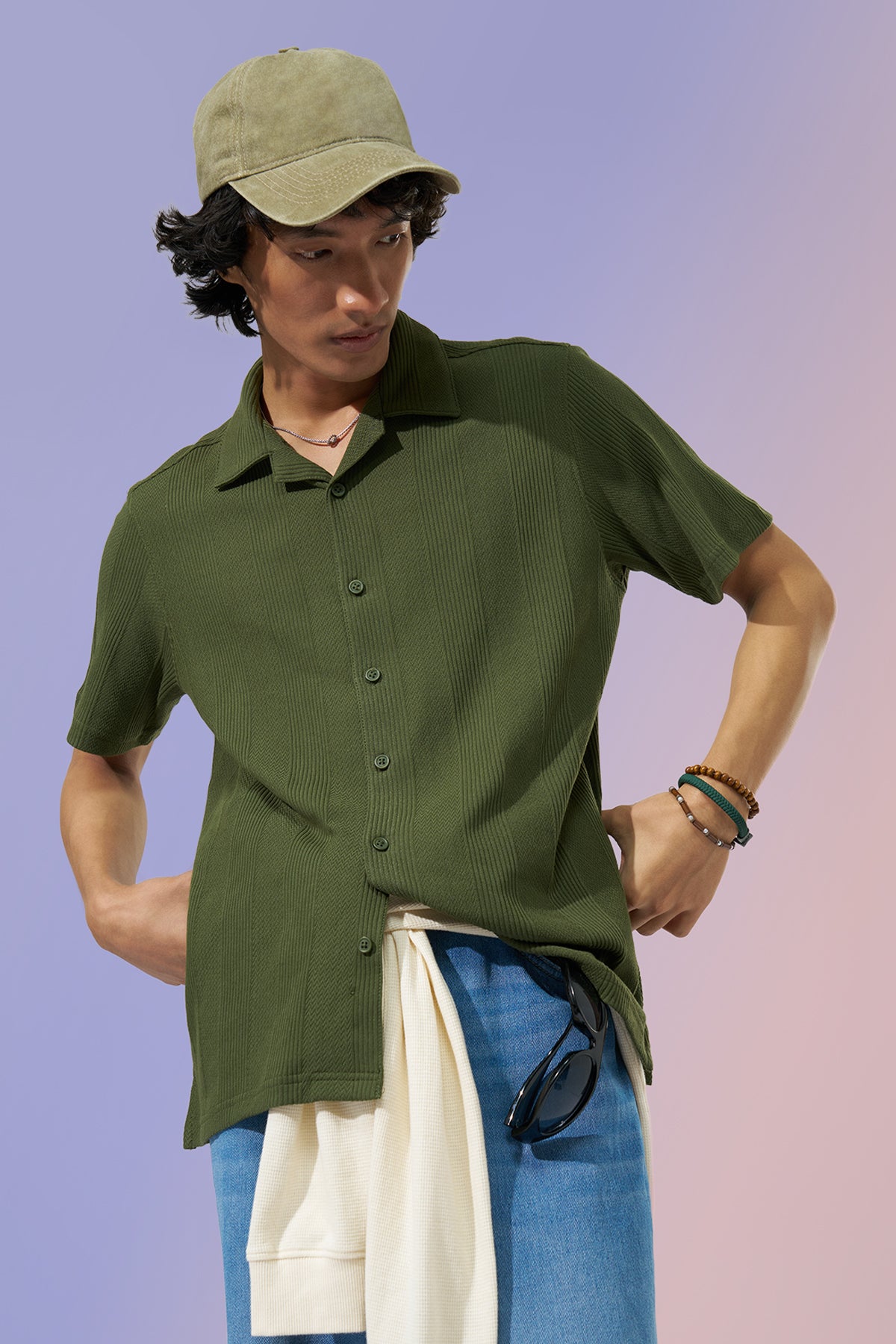 Olive Self-Pattern Resort Shirt for Men - Image 1