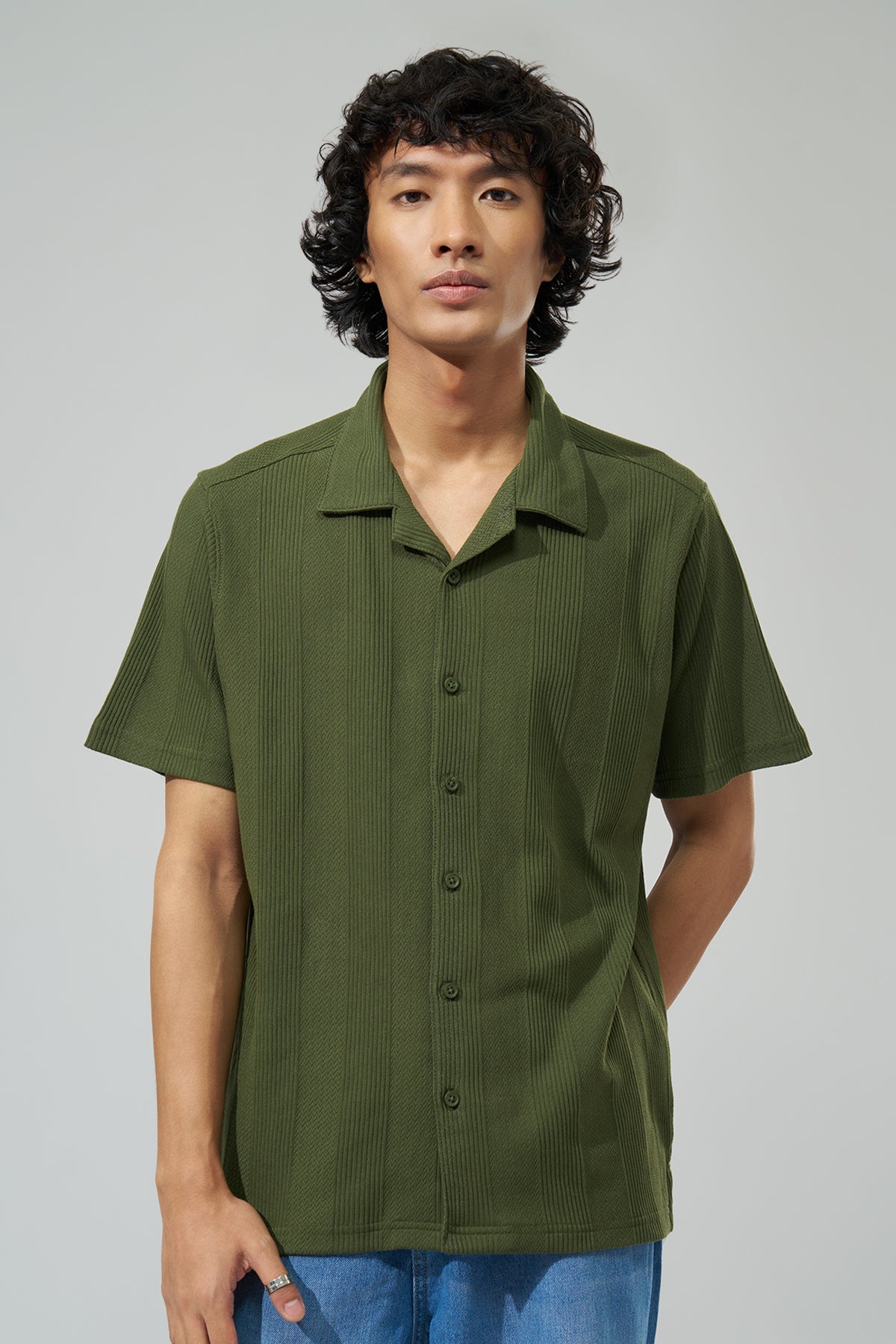 Olive Self-Pattern Resort Shirt for Men - Image 3