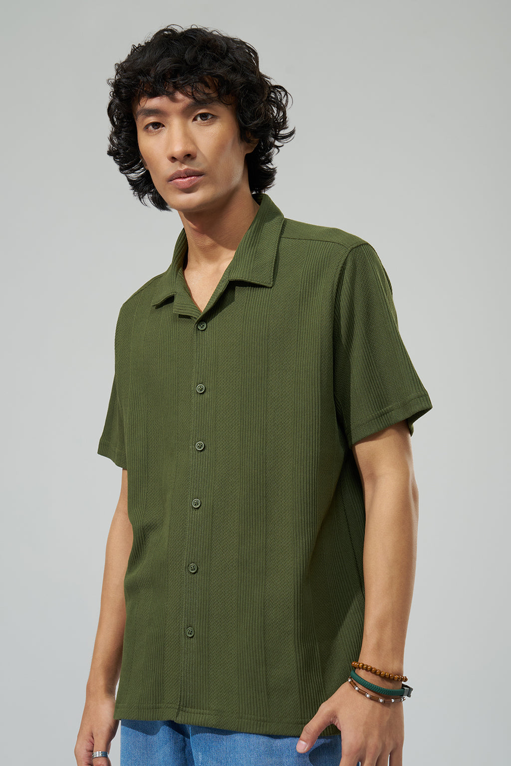 Olive Self-Pattern Resort Shirt for Men - Image 4
