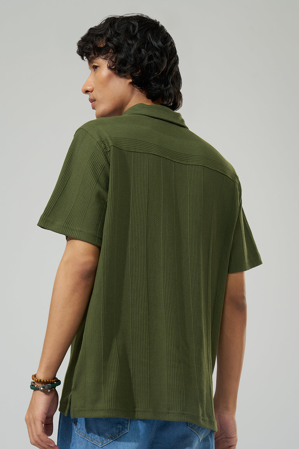 Olive Self-Pattern Resort Shirt for Men - Image 5