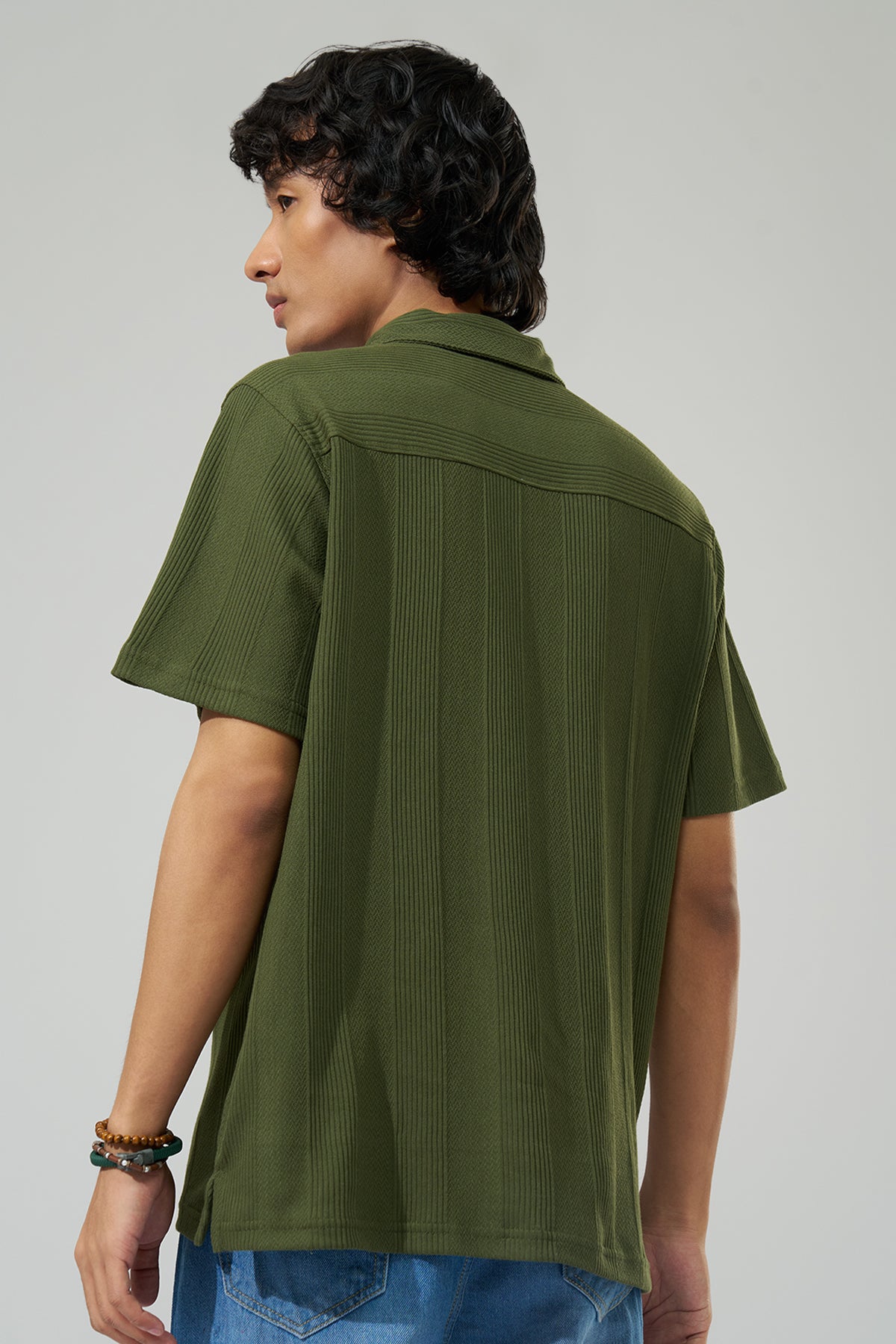 Olive Self-Pattern Resort Shirt for Men - Image 5