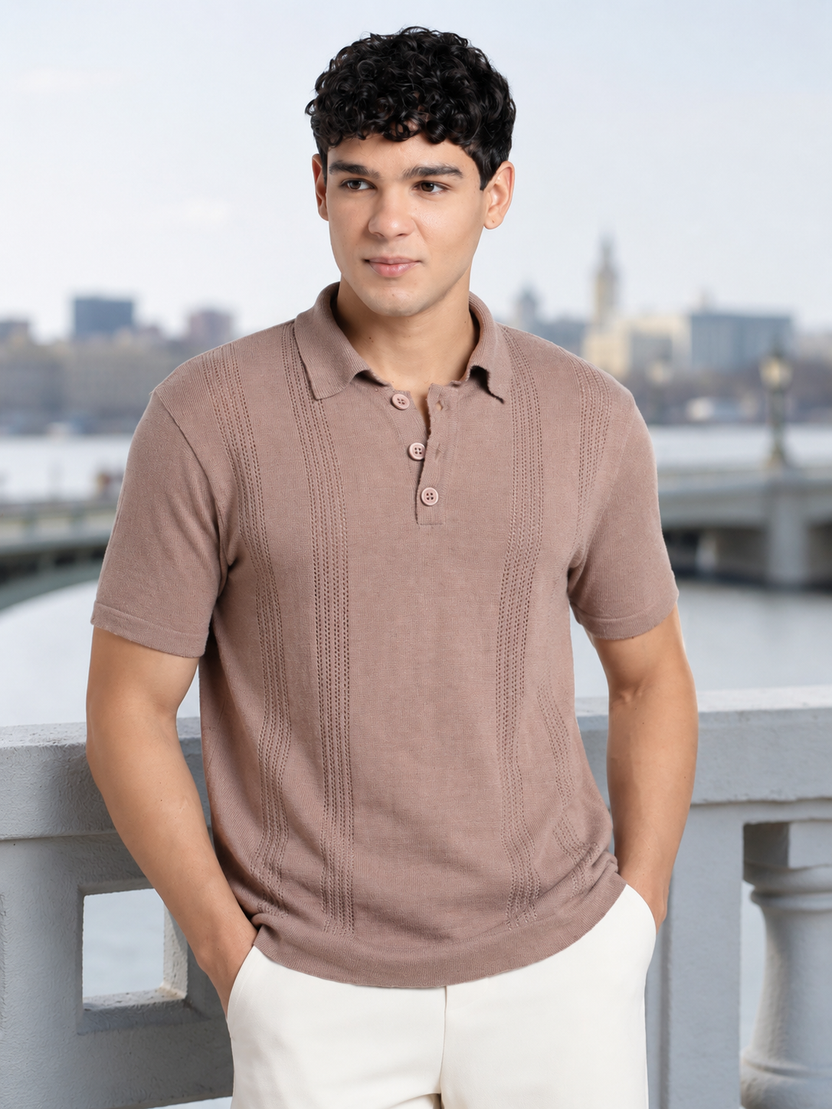 Pink Textured Regular Fit Polo T-Shirt for Men - Image 1