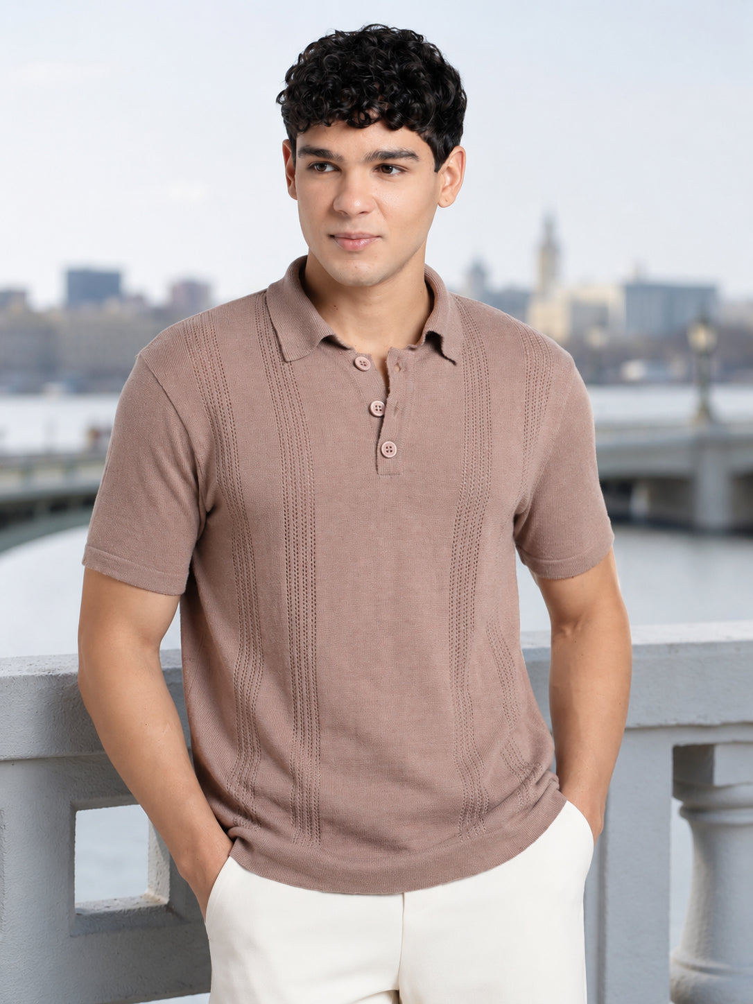 Pink Textured Regular Fit Polo T-Shirt for Men - Image 1