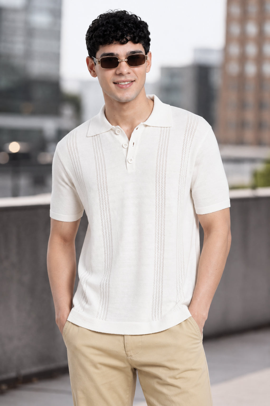 Off White Textured Regular Fit Polo T-Shirt for Men - Image 1