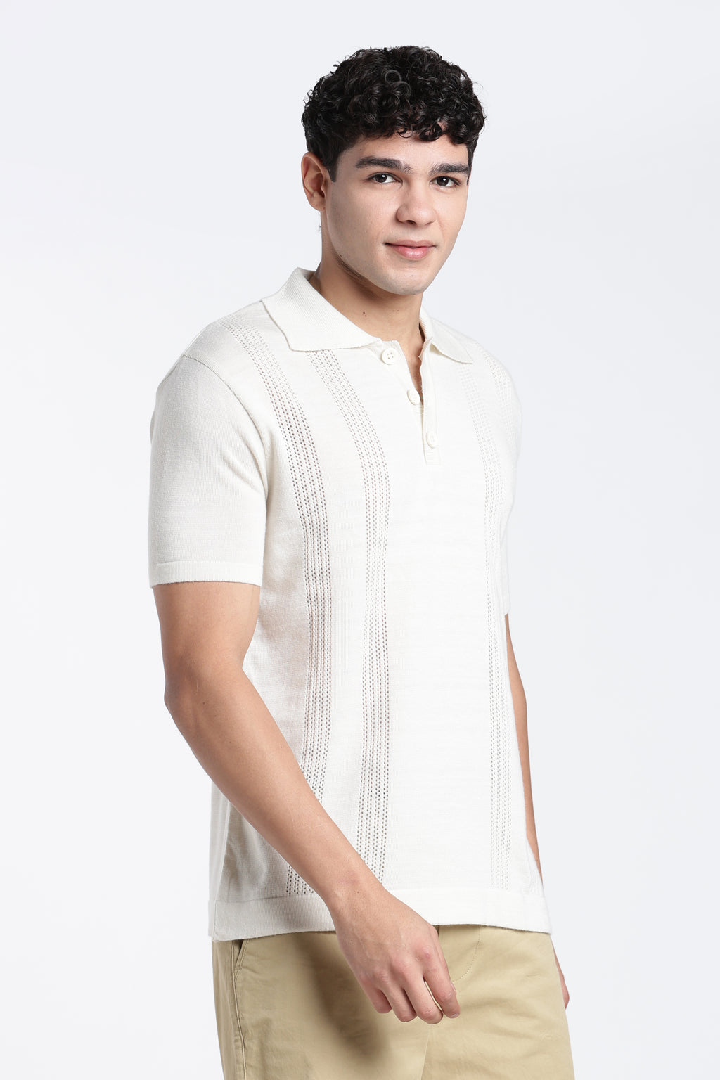 Off White Textured Regular Fit Polo T-Shirt for Men - Image 4