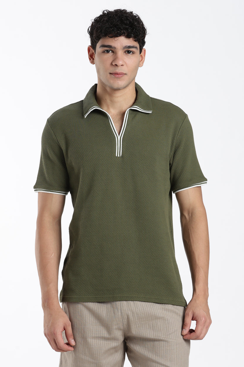 Olive Textured Regular Fit T-Shirt for Men - Image 2