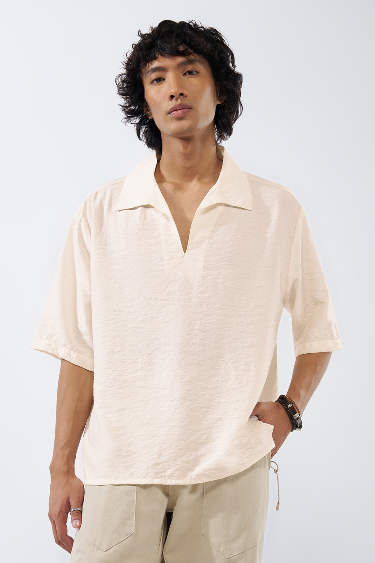 Off White Solid Relaxed Fit T-Shirt for Men - Image 2