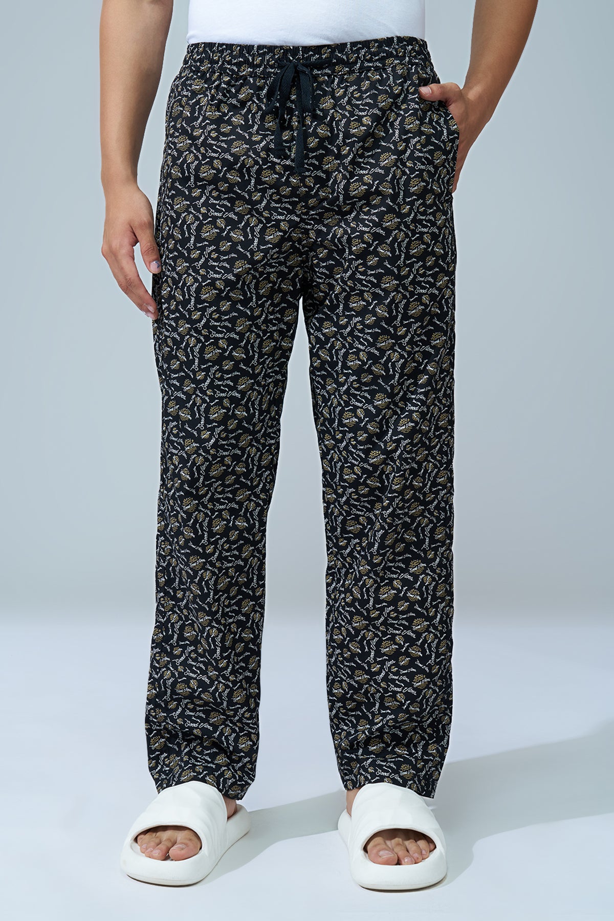 Black Printed Regular Fit Pyjamas for Men - Image 2