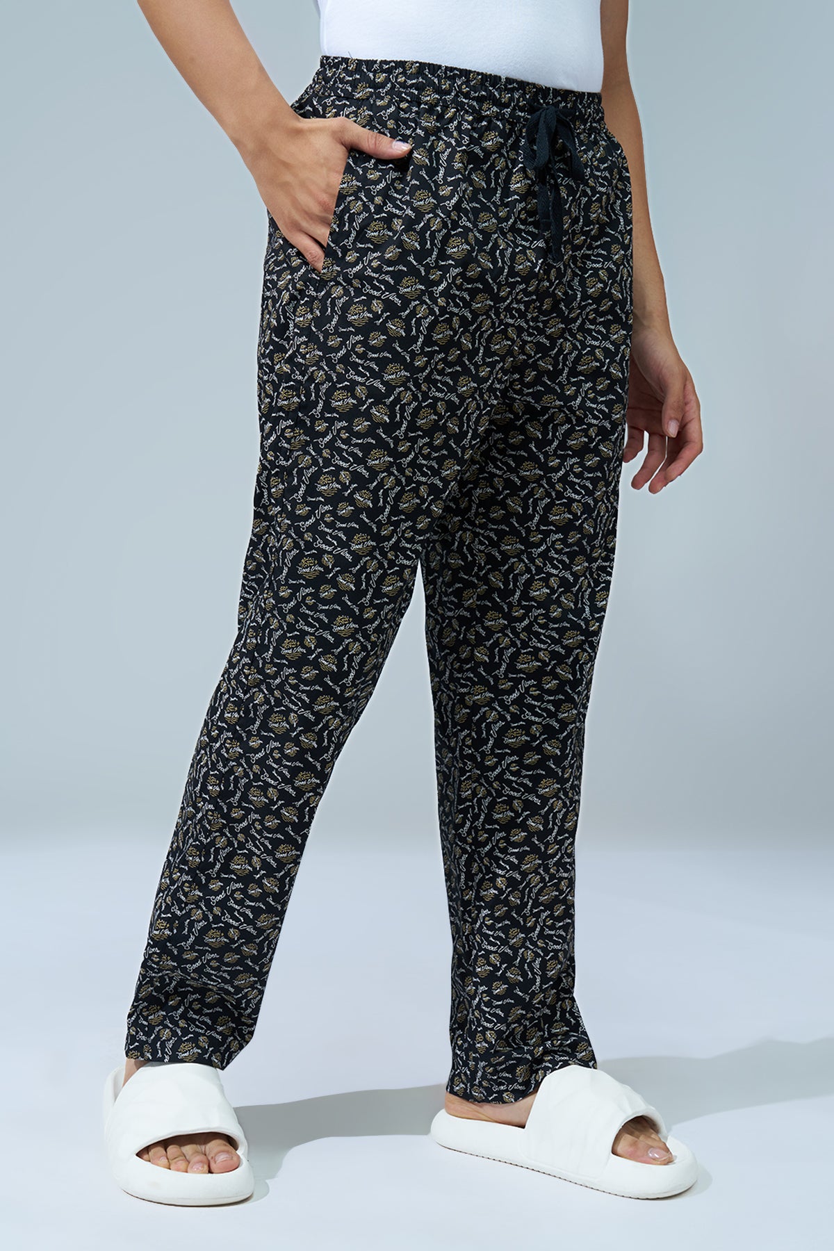 Black Printed Regular Fit Pyjamas for Men - Image 4
