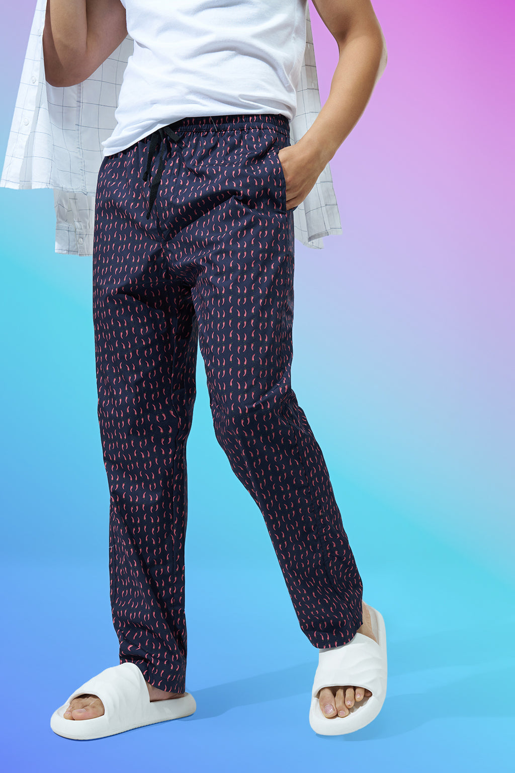 Navy Printed Regular Fit Pyjamas for Men - Image 1